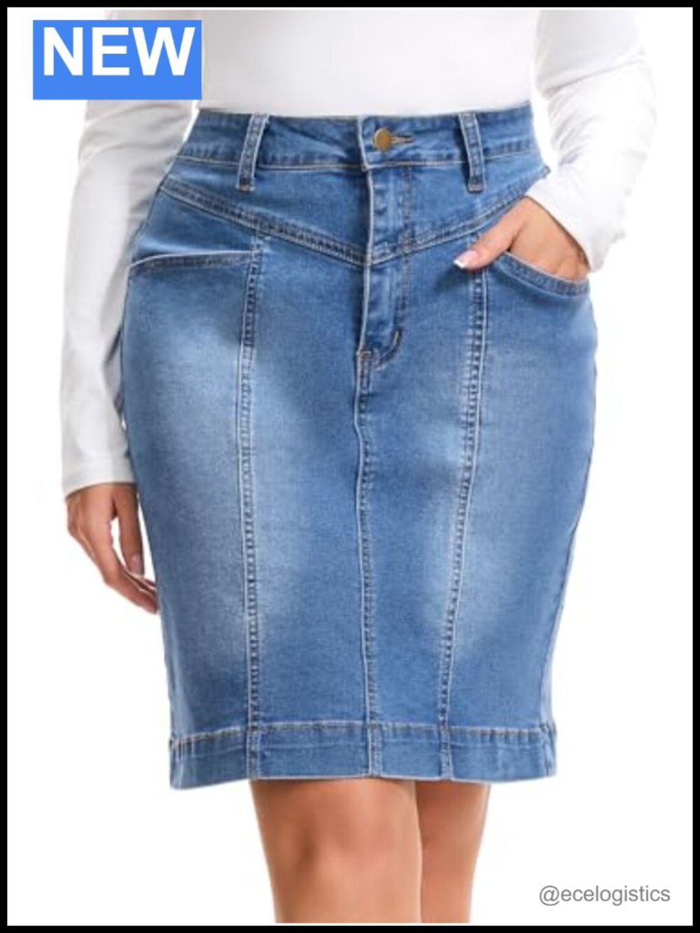 High Waisted Denim Pencil Skirt Stretchy Above Knee Jean Skirt
